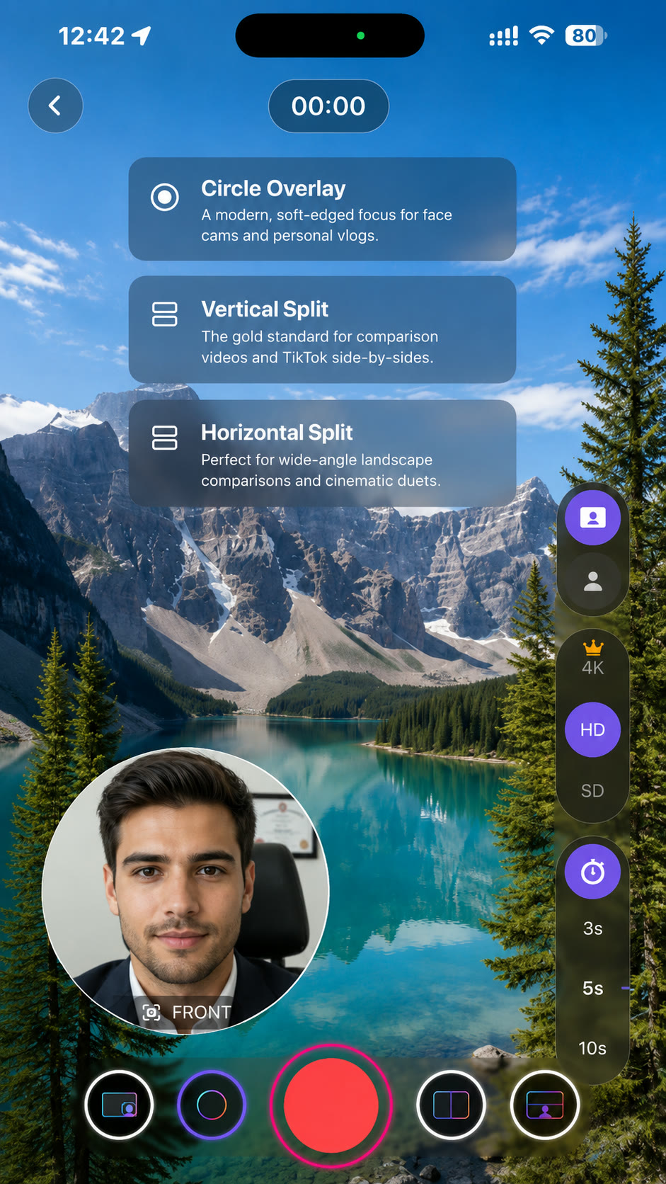 Duetly dual-camera recording interface with a circular front-camera overlay