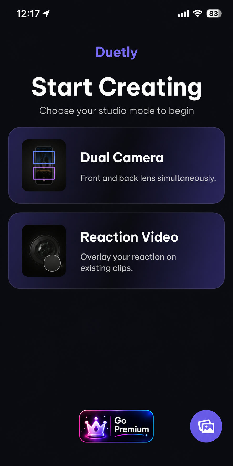 Duetly main screen for choosing Dual Camera or Reaction Video mode
