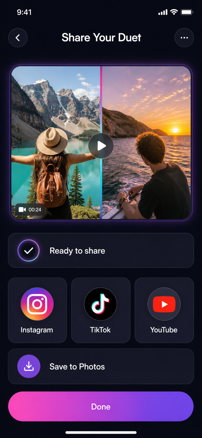 Duetly sharing screen with video preview and social sharing options